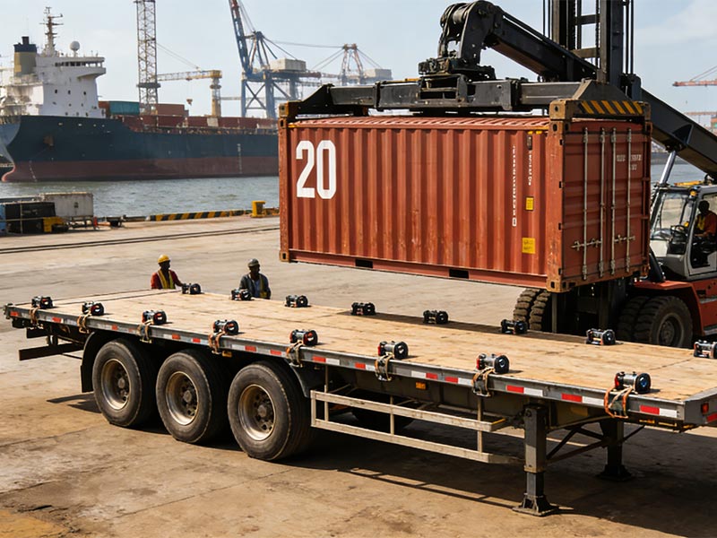 Flatbed semi-trailers loading and unloading containers at African ports